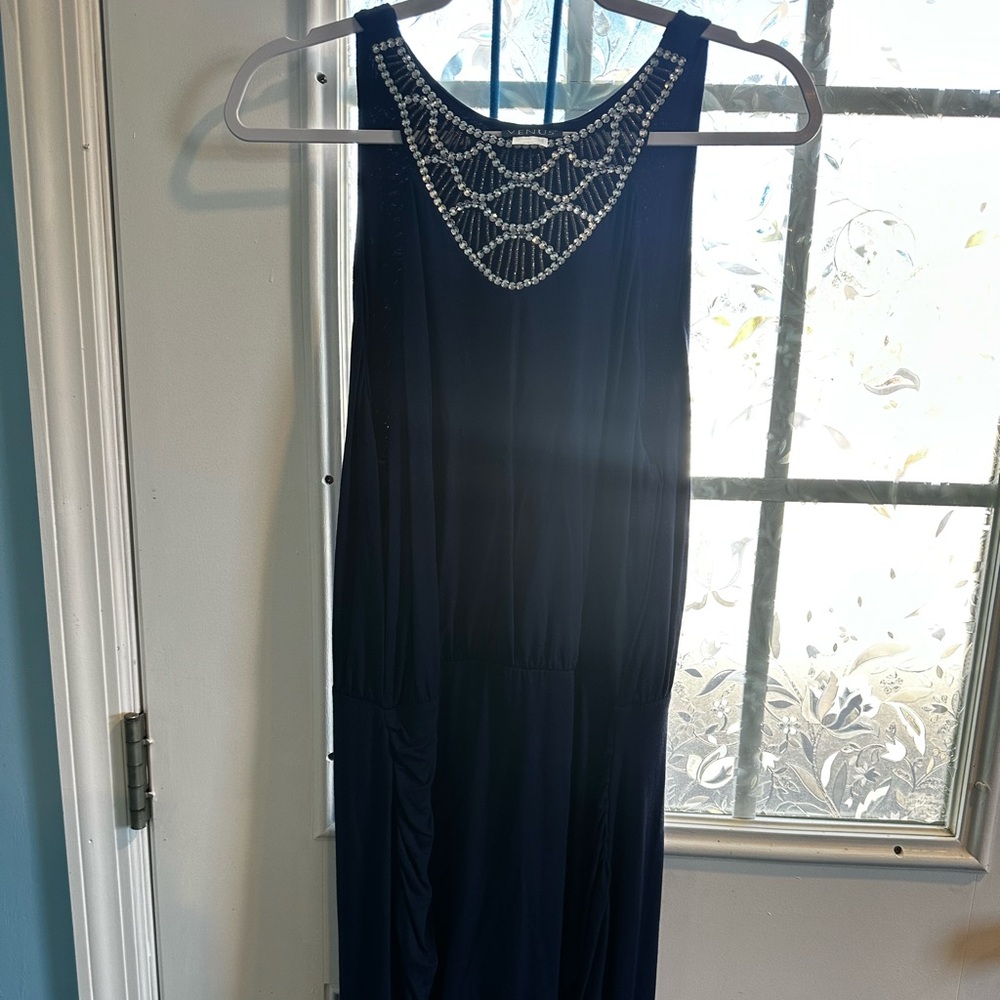 VENUS Navy Maxi Dress with Embellished Neckline